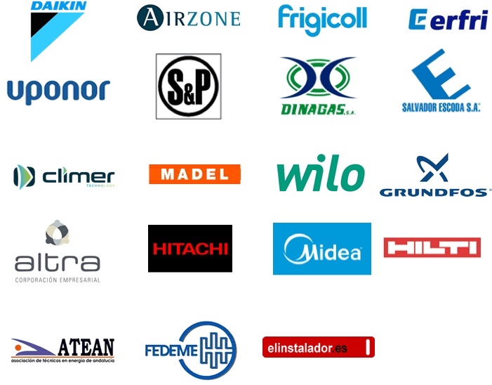 Daikin, Airzone, Erfri, Frigicoll, Uponor, S&P, Dinagas, Salvador Escoda, Climer, Madel, Wilo, Grundfos, Altra, Hitachi, Midea, Hilti, Atean, Fedeme, El instalador.